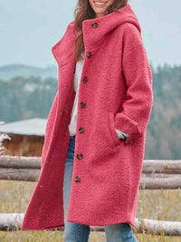Damen Wollmantel rosa, Knöpfe, Kapuze, Herbstmode, warm, elegant, Outdoor, Freizeitkleidung