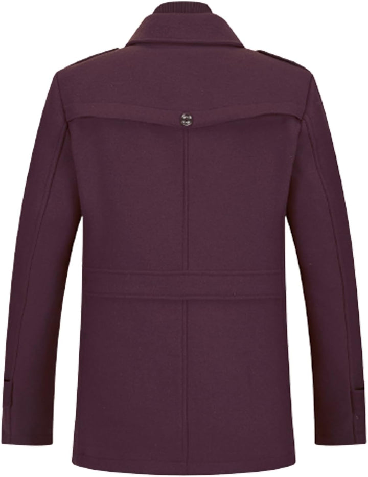 Dunkelvioletter Herrenmantel, Wollmischung, Rückansicht, elegantes Design, Herbstmode.