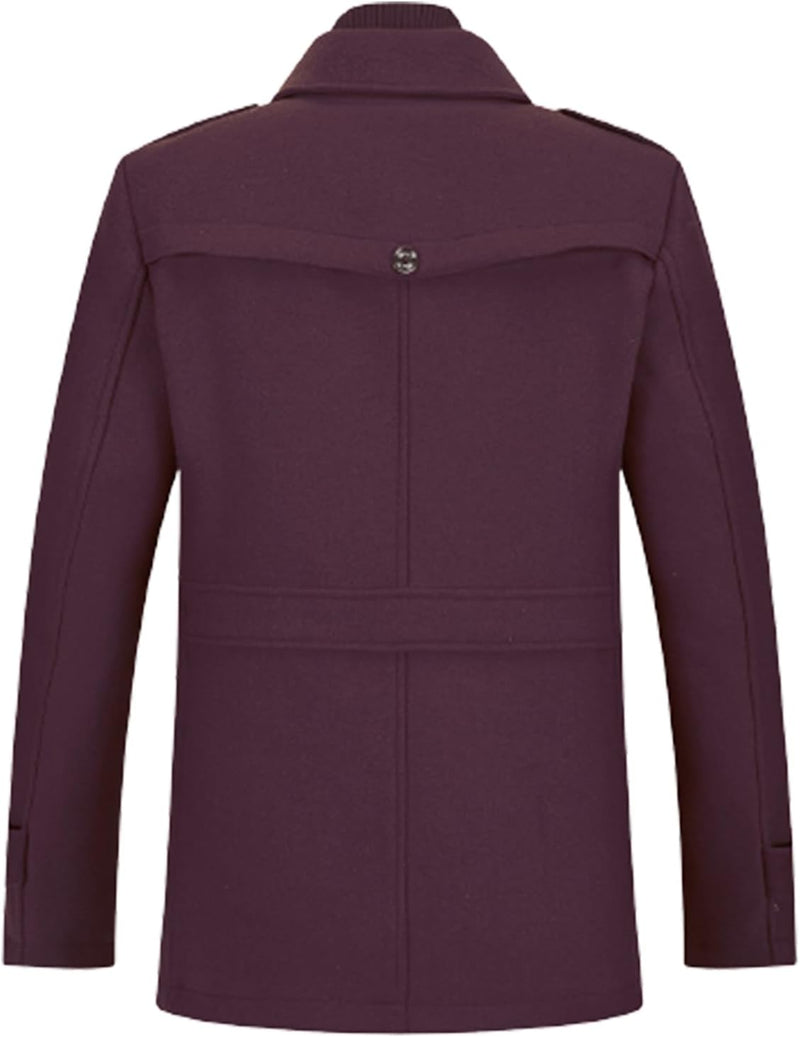 Dunkelvioletter Herrenmantel, Wollmischung, Rückansicht, elegantes Design, Herbstmode.