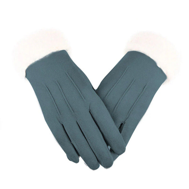 Blaue Damenhandschuhe mit weißem Fellfutter, elegant, warm, Winteraccessoire.