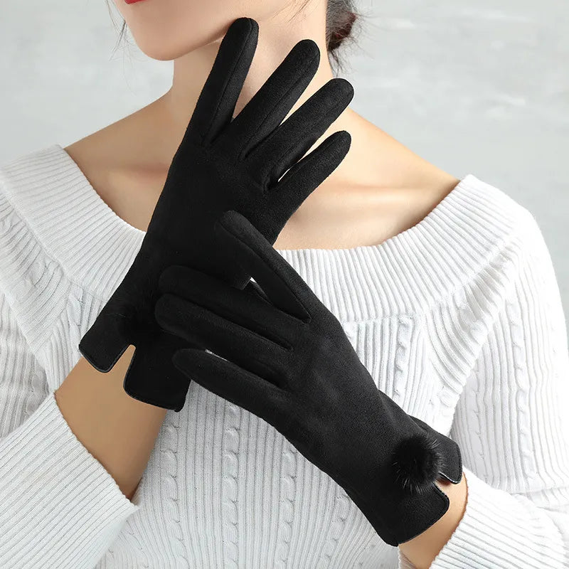 Damen schwarze Wildlederhandschuhe mit Pelzbesatz, elegant, warm, Wintermode.