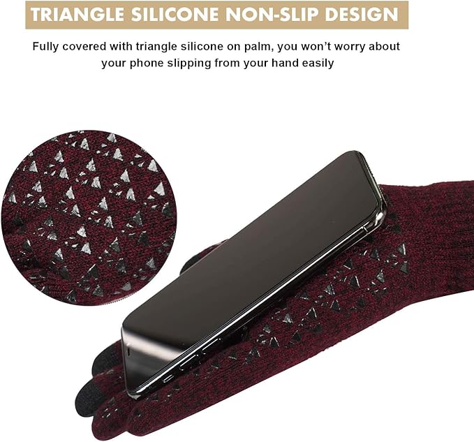 Dunkelrote Handschuhe mit rutschfestem Silikonmuster, ideal für Smartphone-Nutzung.