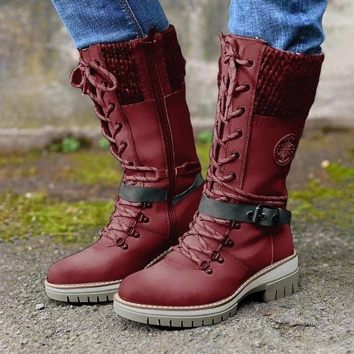 Damenstiefel rot, rutschfeste Sohle, Schnürung, Lederoptik, Winterstiefel, bequem.