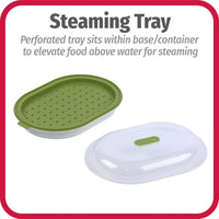 Grünes Dampfgarer-Tablett mit Deckel, Kunststoff, perforiert, für Mikrowelle.