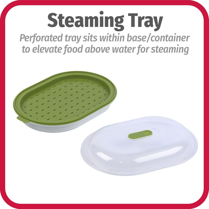 Grünes Dampfgarer-Tablett mit Deckel, Kunststoff, perforiert, für Mikrowelle.