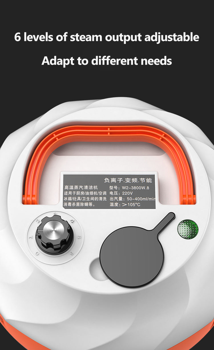 Weißer Dampfreiniger mit einstellbarem Dampfausstoß, orange Griff, Bedienknopf, Display.