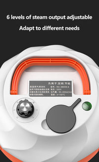 Weißer Dampfreiniger mit einstellbarem Dampfausstoß, orange Griff, Bedienknopf, Display.