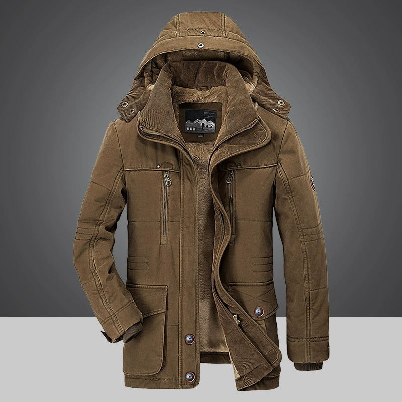 Braune Herren-Daunenjacke mit Kapuze, warm, wintertauglich, modisch, Outdoor-Bekleidung.