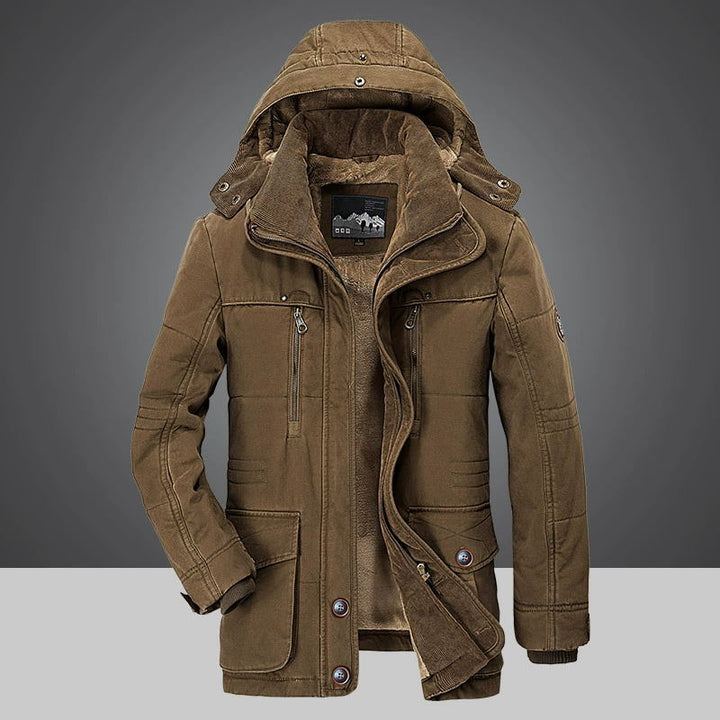 Braune Herren-Daunenjacke mit Kapuze, warm, wintertauglich, modisch, Outdoor-Bekleidung.