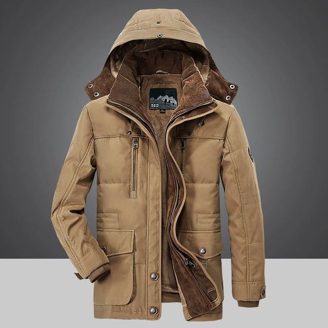Braune Herren-Daunenjacke mit Kapuze, Winterjacke, warm, wasserabweisend, modisch.
