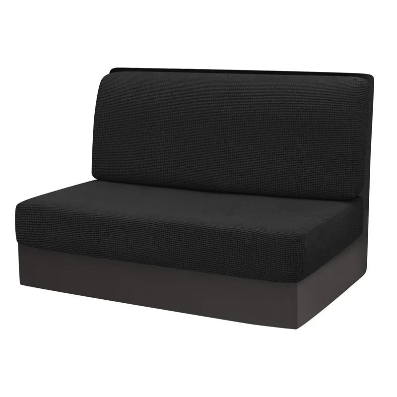 Schwarzes Sofa ohne Armlehnen, modernes Design, Polstermöbel, Wohnzimmer, Stoffbezug.