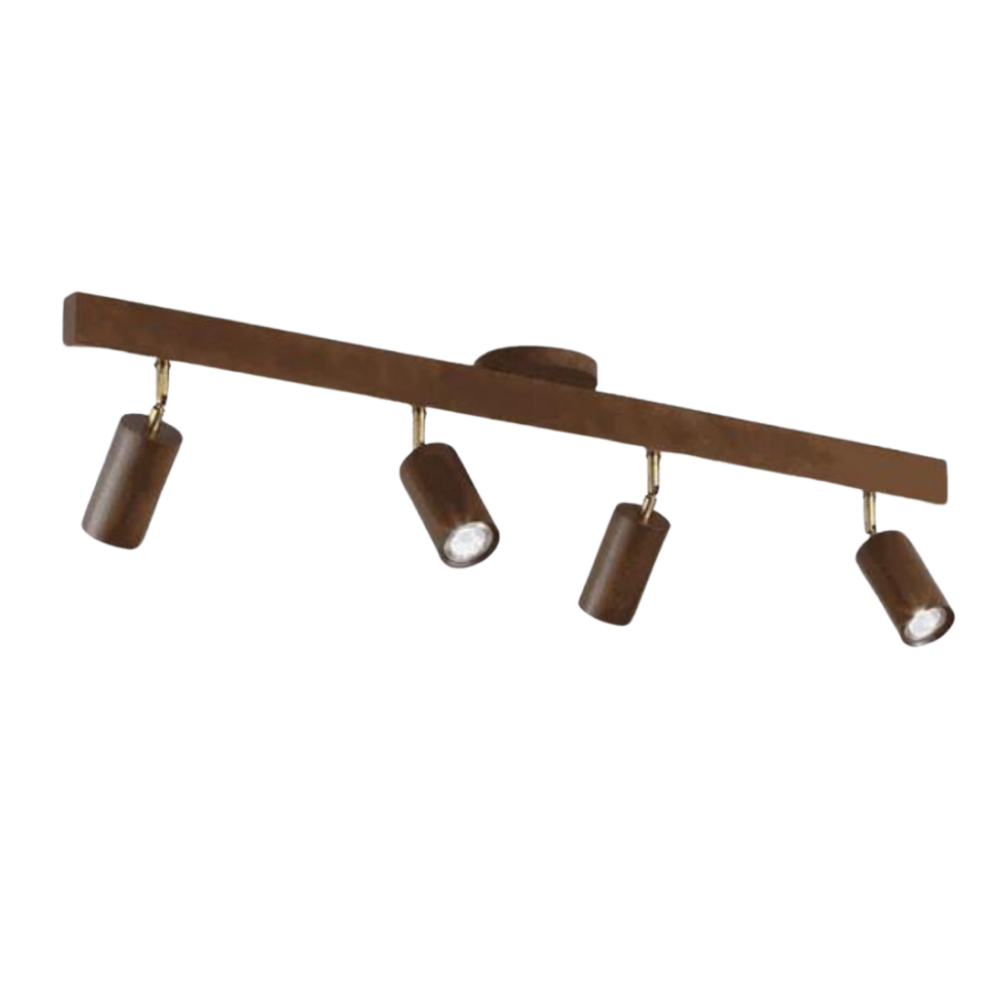 Braune Deckenleuchte mit vier verstellbaren Spots, modernes Design, Holzoptik.