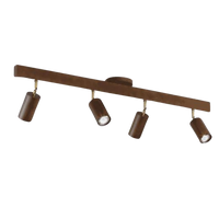 Braune Deckenleuchte mit vier verstellbaren Spots, modernes Design, Holzoptik.