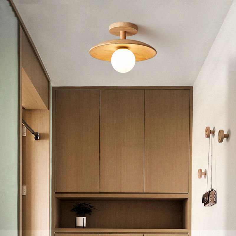 Deckenleuchte Holz rund, modernes Design, warmweißes Licht, Wohnzimmerlampe minimalistisch.