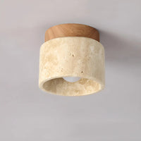 Deckenleuchte aus Travertin und Holz, moderne LED-Lampe, beige, minimalistisch, rund.