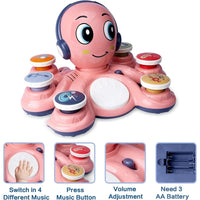 Rosa Oktopus-Spielzeug mit Musikknöpfen, Lautstärkeregler, benötigt 3 AA-Batterien.