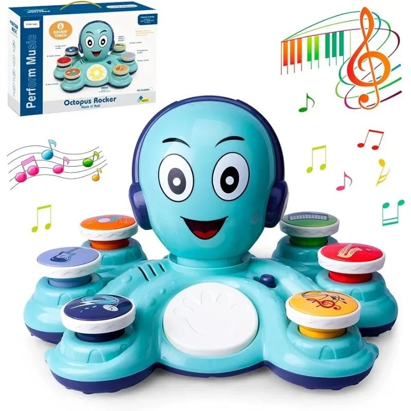 Blaues Octopus-Musikspielzeug für Kinder mit Tasten, Noten und Verpackung im Hintergrund.