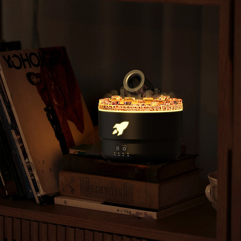 Schwarzer Luftbefeuchter mit Raketenmotiv, leuchtend, auf Bücherregal, modernes Design.