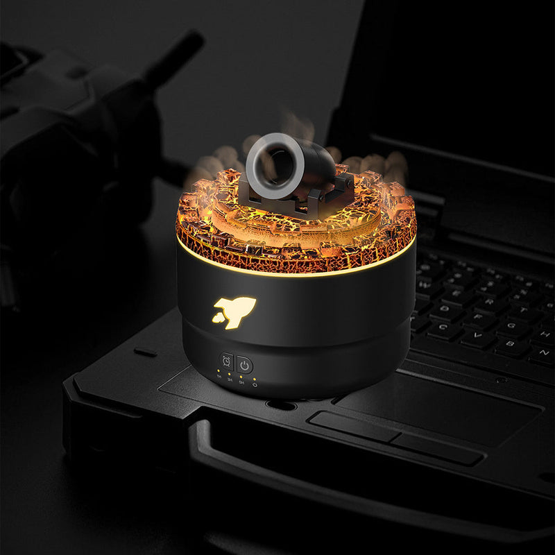 Schwarzer Luftbefeuchter mit Raketen-Design, LED-Beleuchtung, auf Laptop, modernes Gadget.