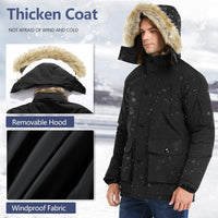 Schwarze Winterjacke mit abnehmbarer Kapuze, winddichtem Stoff, Herrenmode, Outdoor-Bekleidung.