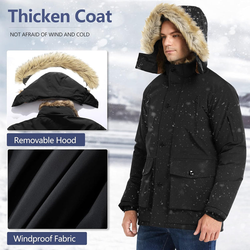 Schwarze Winterjacke mit abnehmbarer Kapuze, winddichtem Stoff, Herrenmode, Outdoor-Bekleidung.