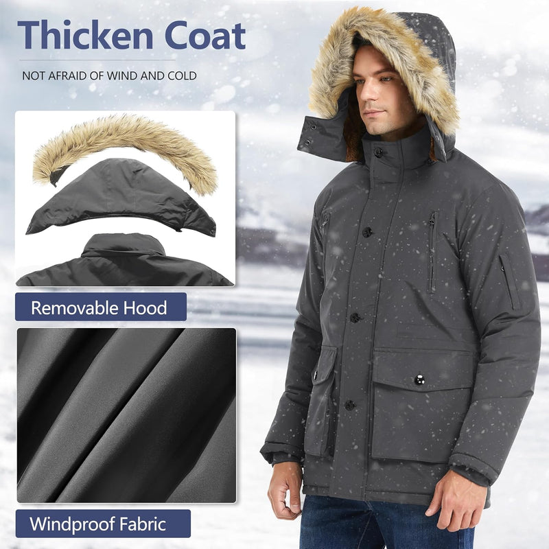 Dicker Wintermantel mit abnehmbarer Kapuze, winddicht, grau, Herrenmode, Outdoor-Bekleidung.