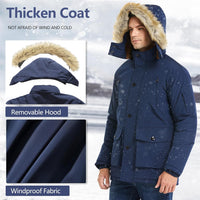 Dunkelblaue Winterjacke mit abnehmbarer Kapuze, winddichtem Stoff, Herrenmode, Outdoor-Bekleidung.
