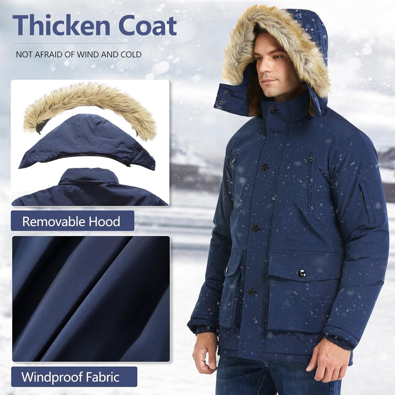 Dunkelblaue Winterjacke mit abnehmbarer Kapuze, winddichtem Stoff, Herrenmode, Outdoor-Bekleidung.