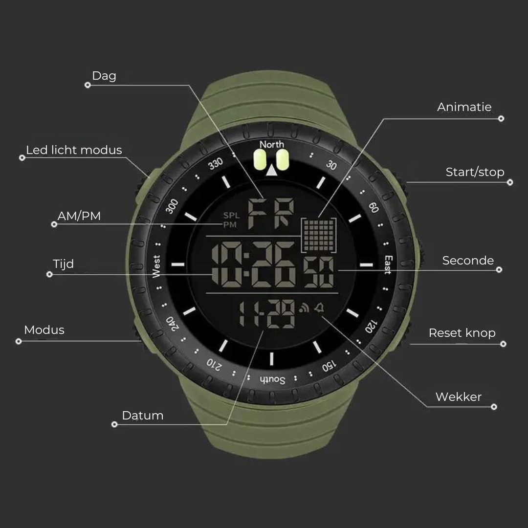Militärische Digitaluhr, olivgrün, mit LED-Anzeige, Stoppuhr, Wecker, Datum, Kompass.