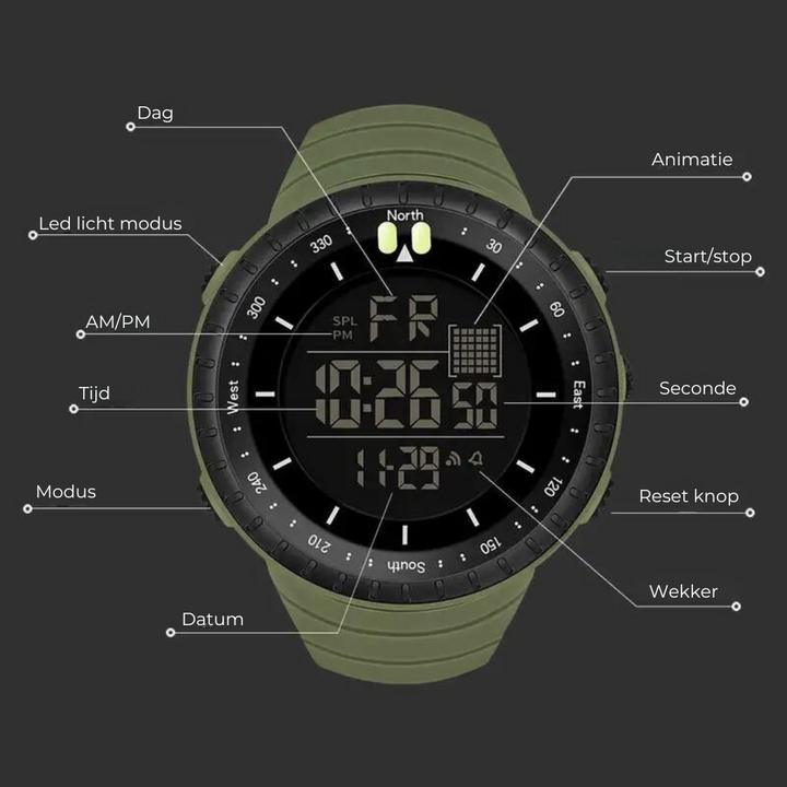 Militärische Digitaluhr, olivgrün, mit LED-Anzeige, Stoppuhr, Wecker, Datum, Kompass.
