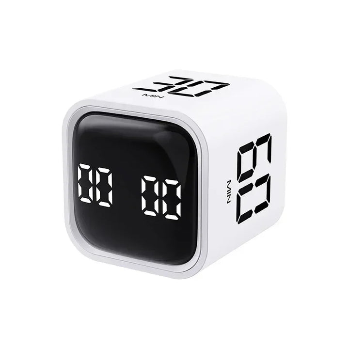 Weißer digitaler Würfel-Timer mit LED-Anzeige, Küchenuhr, Countdown-Timer, modern, minimalistisch.
