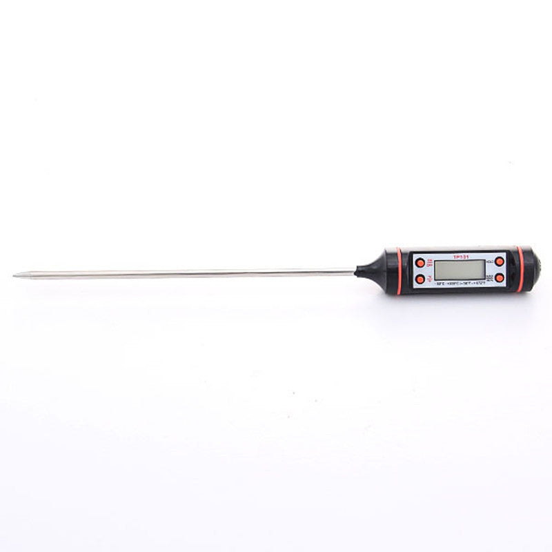 Digitales Küchenthermometer mit Edelstahlsonde, schwarz-rot, für präzises Kochen.