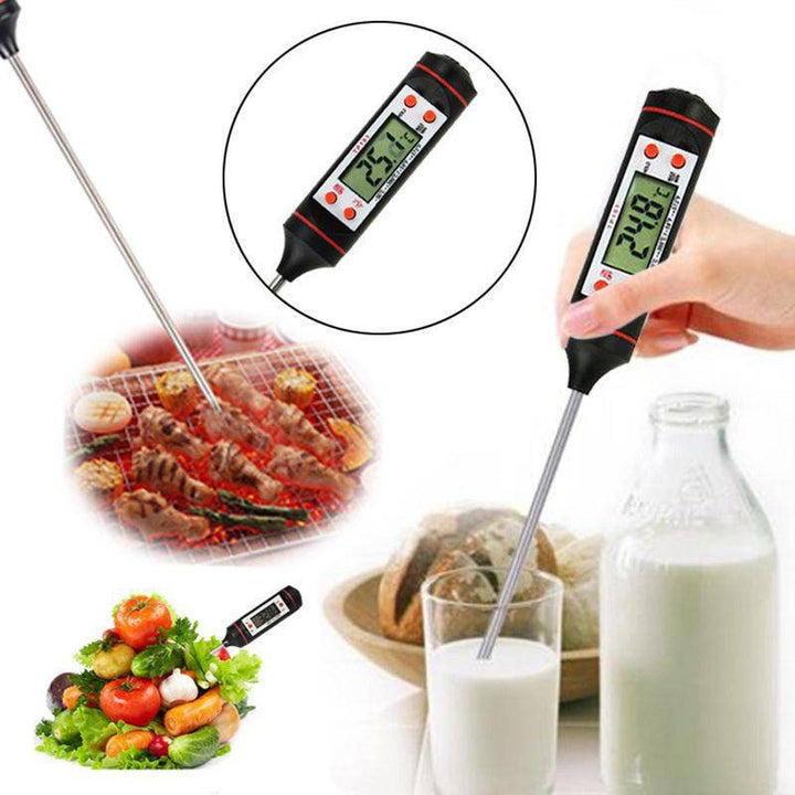 Digitales Küchenthermometer, schwarz, LCD-Display, ideal für Fleisch und Flüssigkeiten.