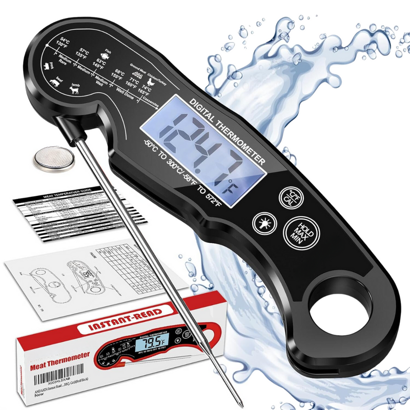 Digitales Fleischthermometer, wasserdicht, schwarz, LCD-Display, Küchenthermometer, sofortige Ablesung.
