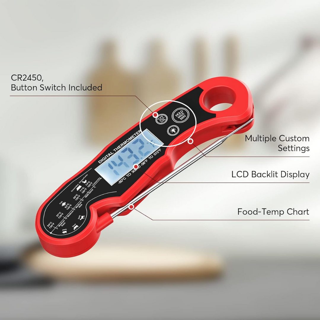 Rotes digitales Küchenthermometer mit LCD-Display, CR2450 Batterie, Lebensmittel-Temperaturtabelle.