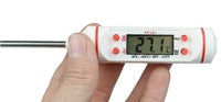Digitales Küchenthermometer, weiß, Edelstahlsonde, LCD-Anzeige, Temperaturmessung.