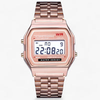 Roségoldene Digitaluhr mit Edelstahlarmband, wasserdicht, Alarmfunktion, LED-Anzeige.