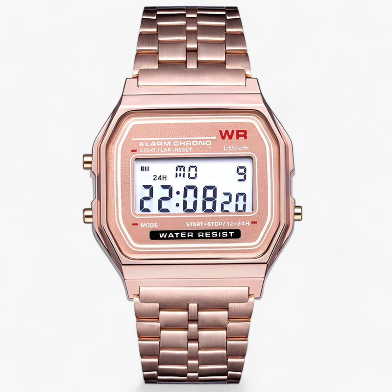 Roségoldene Digitaluhr mit Edelstahlarmband, wasserdicht, Alarmfunktion, LED-Anzeige.
