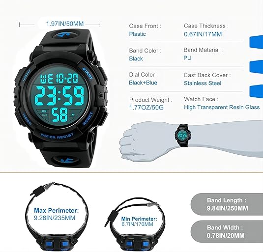 Schwarze digitale Armbanduhr, blaues Zifferblatt, wasserdicht, Kunststoffgehäuse, PU-Armband.