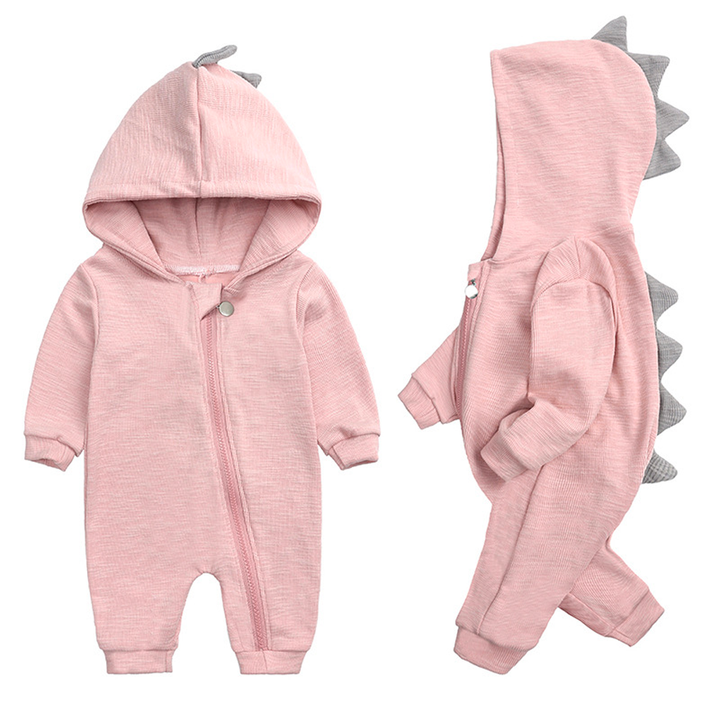 Rosa Baby-Strampler mit Kapuze und Dino-Stacheln, Baumwolle, Reißverschluss, Unisex.