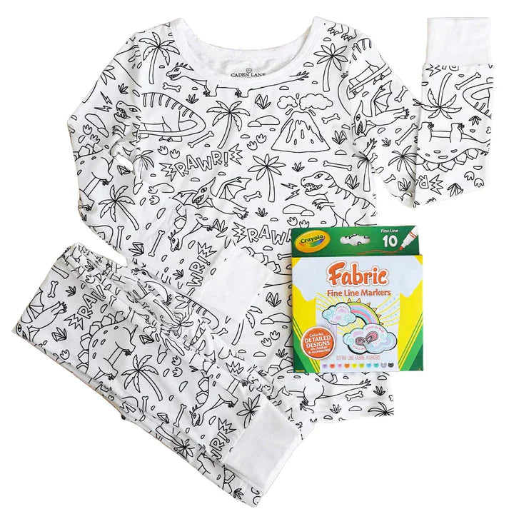 Kinder-Pyjama-Set mit Dinosaurier-Malvorlagen, weiß, inkl. Stoffmalstifte, Baumwolle.