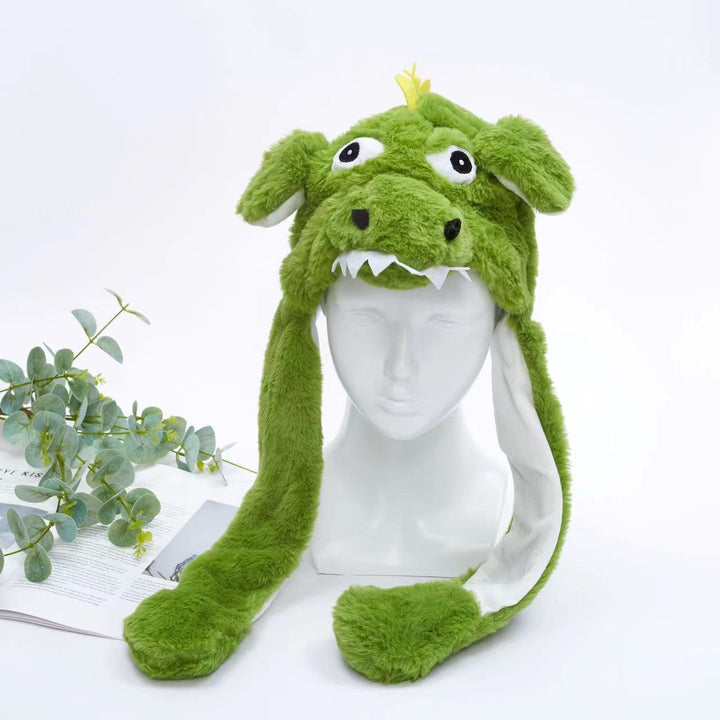 Grüne Dinosaurier-Mütze aus Plüsch, lustiges Design, Kinderkostüm, Winteraccessoire.