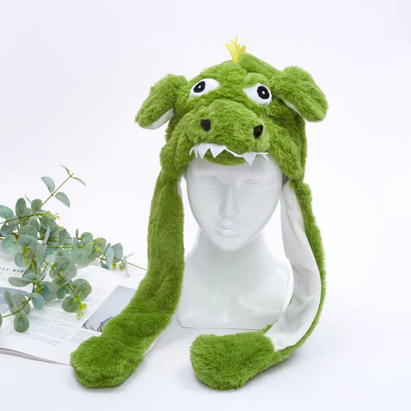 Grüne Dinosaurier-Mütze aus Plüsch, lustiges Design, Kinderkostüm, Winteraccessoire.