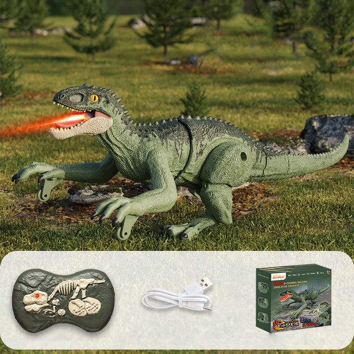 Grüner Dinosaurier-Spielzeug mit Licht und Sound, USB-ladbar, im Freien auf Gras.