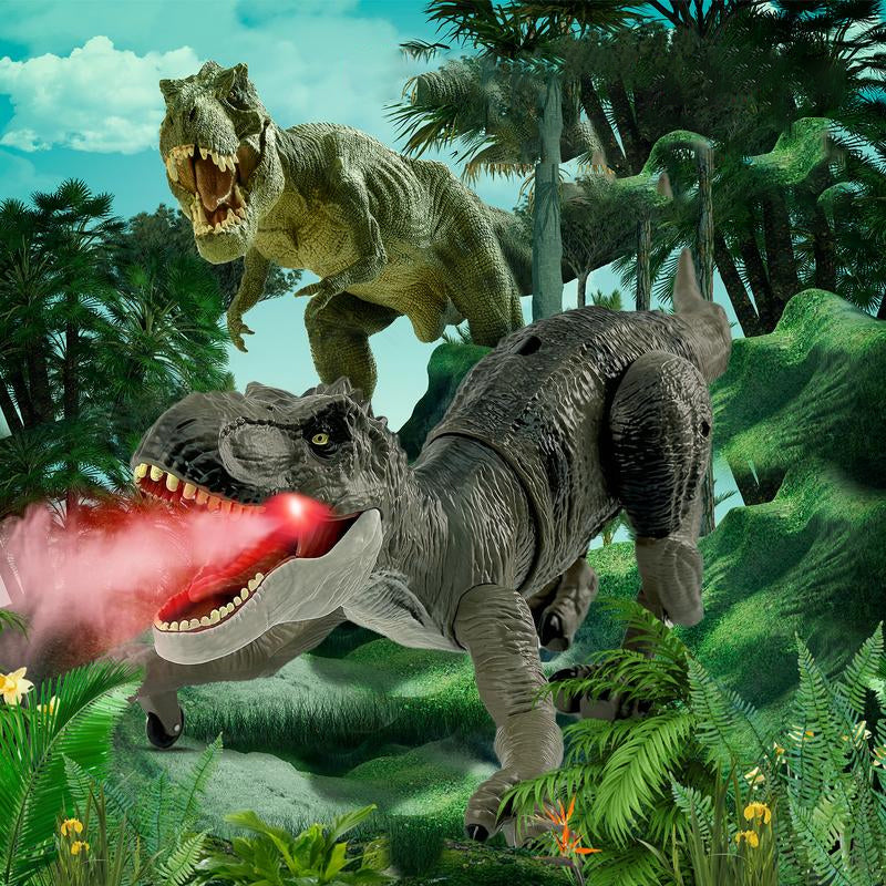 Zwei Dinosaurier-Spielzeugfiguren im Dschungel, T-Rex mit leuchtenden Augen und Rauch, grün und grau.