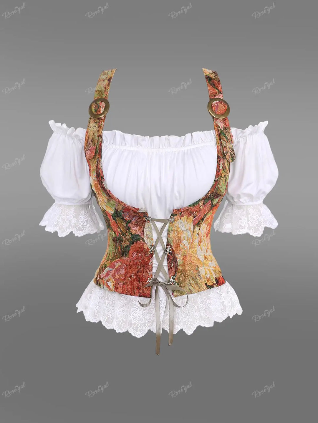 Blumiges Dirndl-Mieder mit Schnürung, weißer Spitze und Puffärmeln, traditionell, elegant.