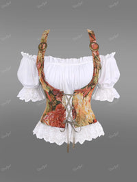 Blumiges Dirndl-Mieder mit Schnürung, weißer Spitze und Puffärmeln, traditionell, elegant.