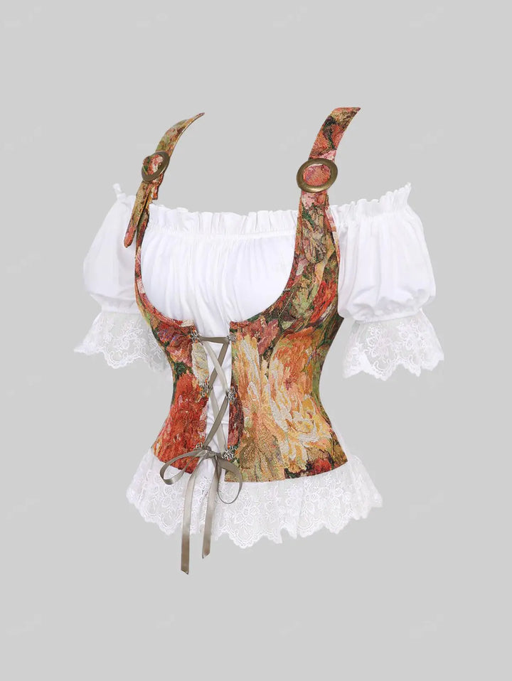 Damen Dirndl Mieder, florales Muster, weißer Rüschenstoff, traditionelles Oktoberfest-Outfit.