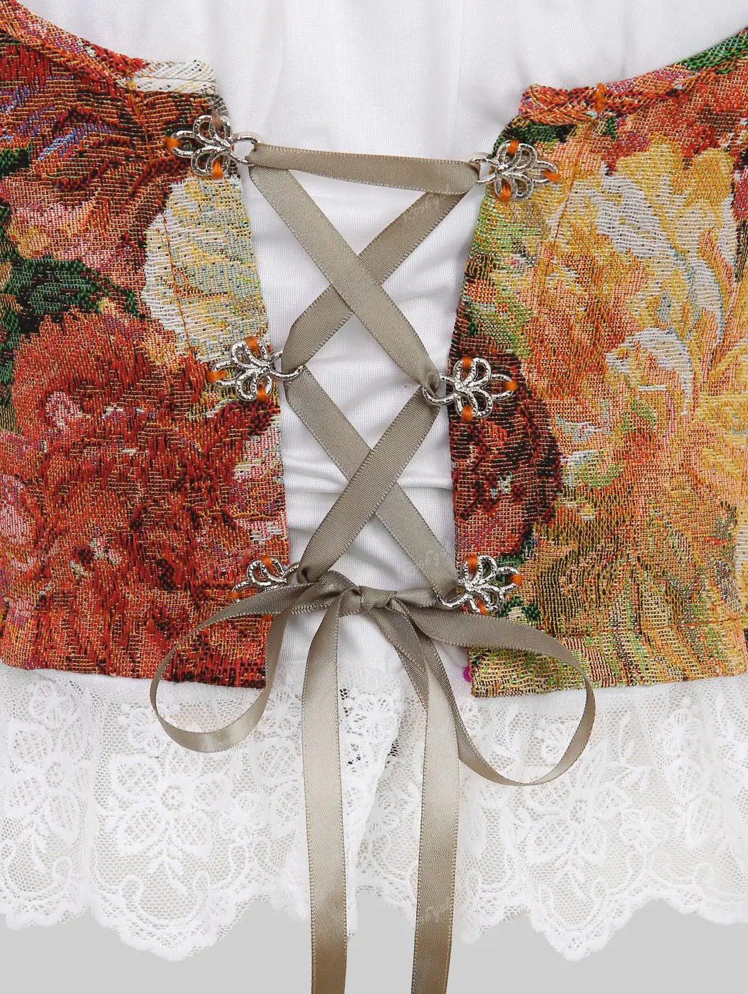 Bunter Korsettgürtel mit Blumenmuster, Schnürung und Spitze, Damenmode, Vintage-Stil.