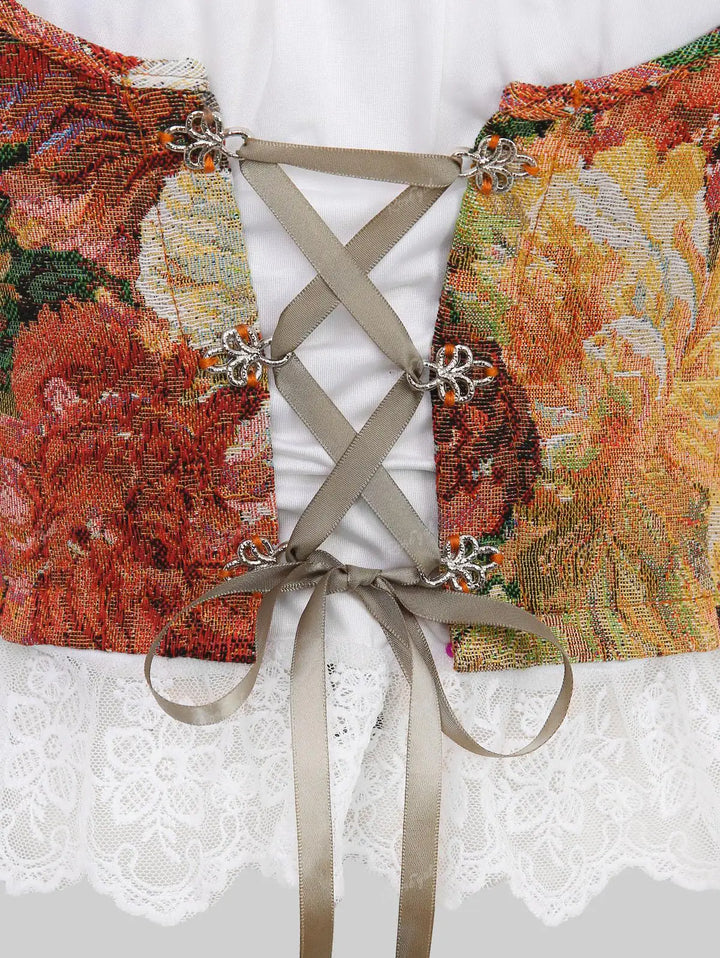 Bunter Korsettgürtel mit Blumenmuster, Schnürung und Spitze, Damenmode, Vintage-Stil.